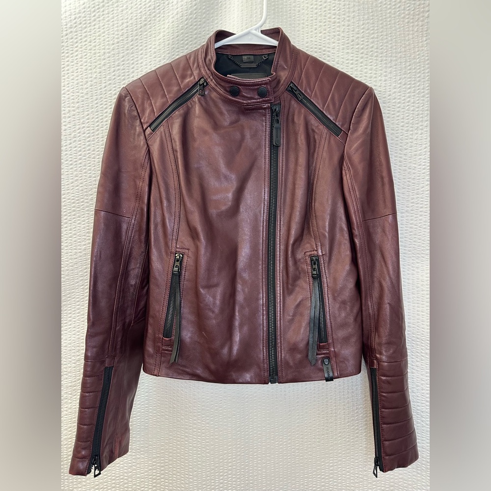 RUDSAK Burgundy Genuine Leather Moto Biker Jacket Quilted Size Small Petite